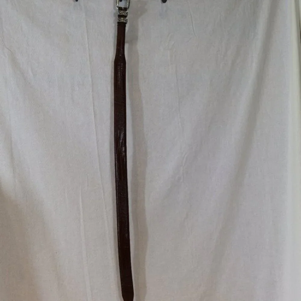 Arden Leather Lizard Embossed Calfskin Belt Brown, Silver hardware size Large